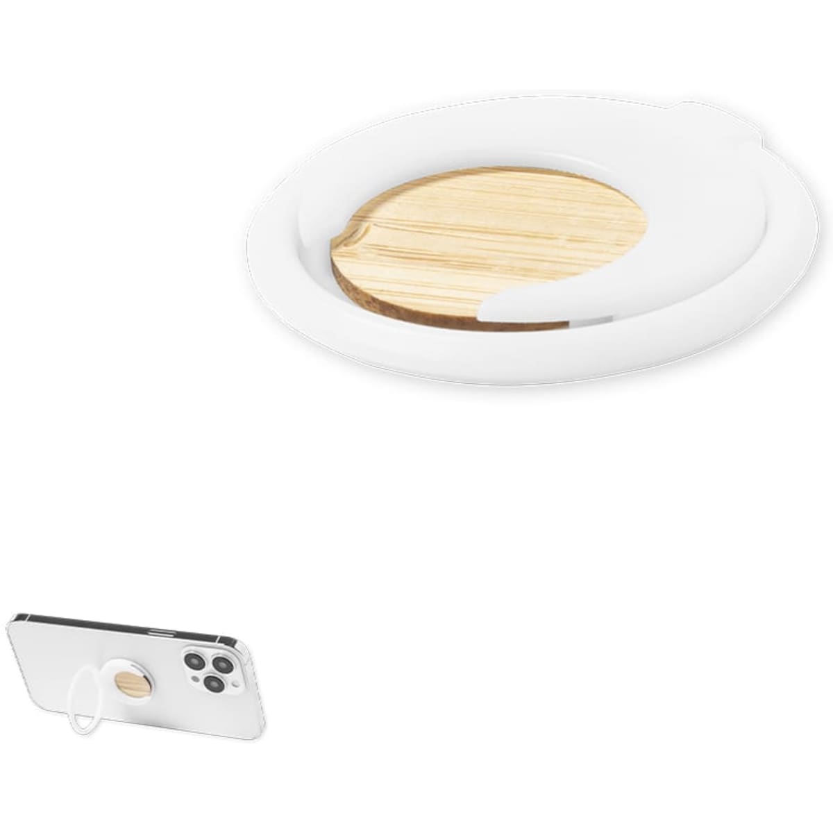 A white phone stand with a wooden base sits above a smartphone featuring a ring holder. The product has a branding logo.