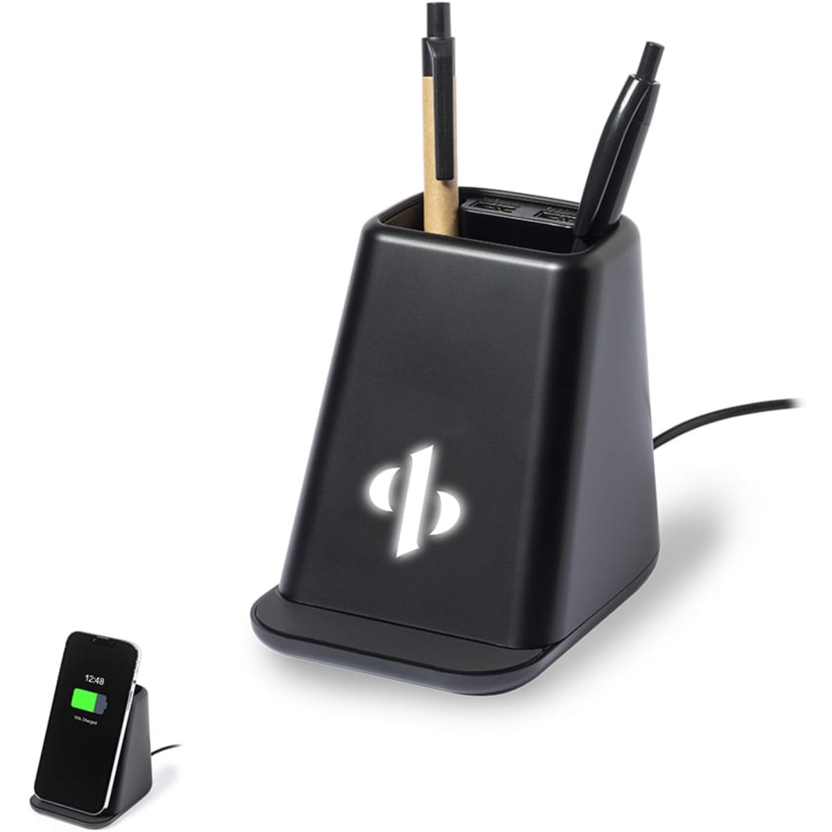 A sleek black pencil holder with integrated wireless charging feature and a charging stand alongside it.