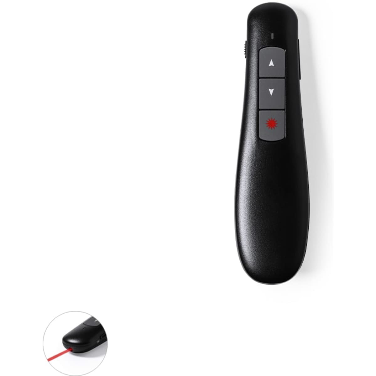 A black presentation remote with navigation buttons and a laser pointer, featuring a small inset image of the laser in action.