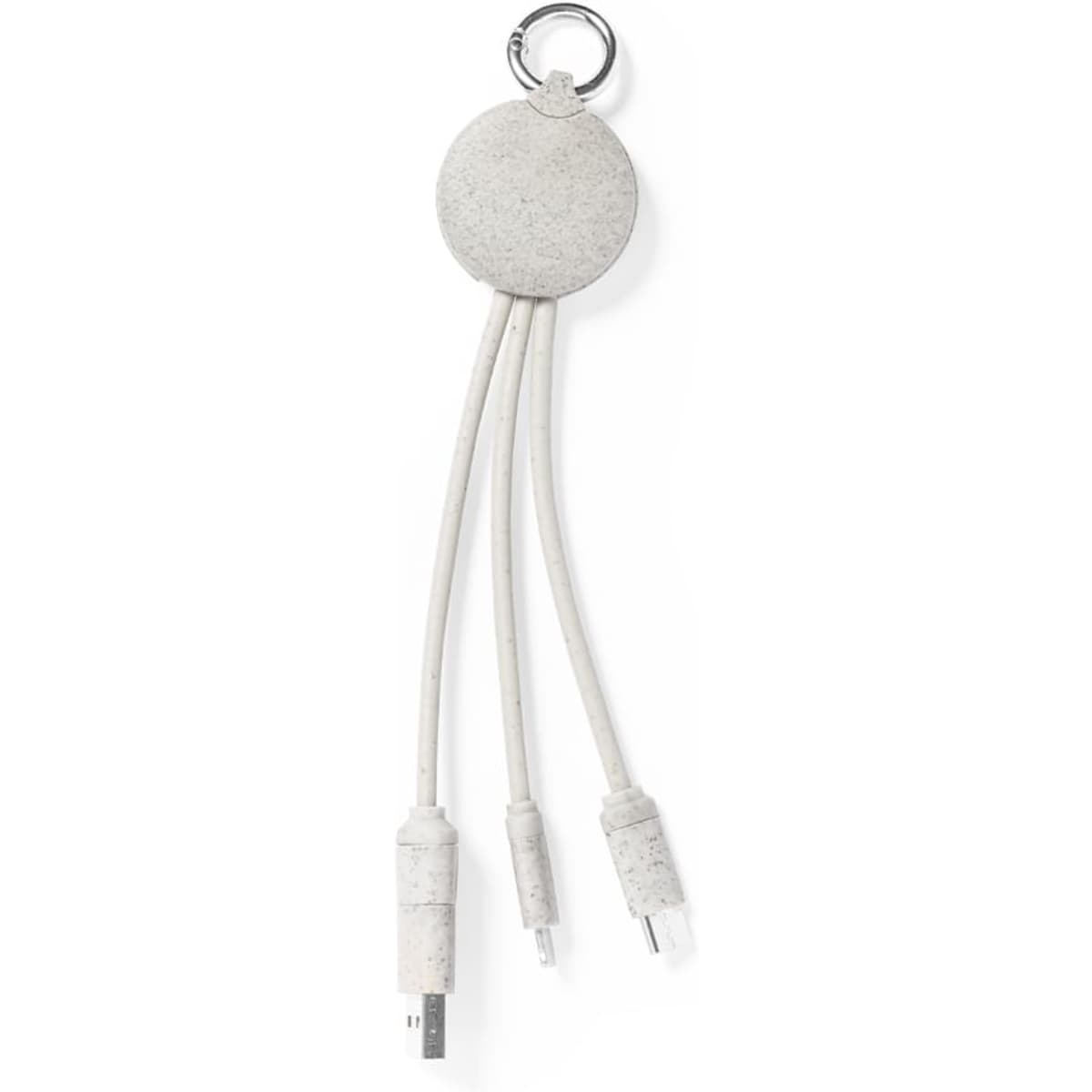 A charging cable with a circular connector, featuring white cables and multiple charging tips, attached to a keyring.