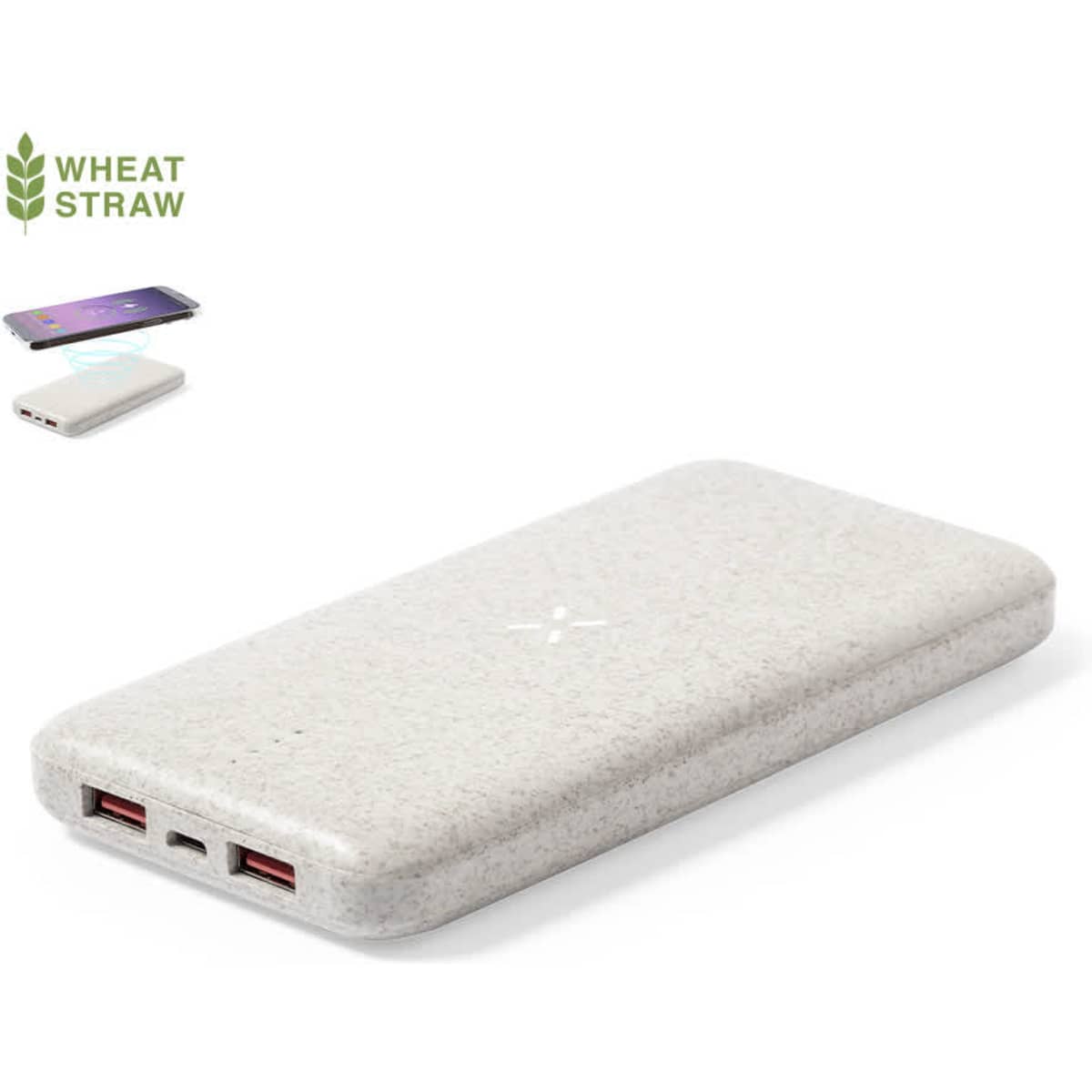 A grey power bank with two USB ports, featuring a textured surface and a logo.