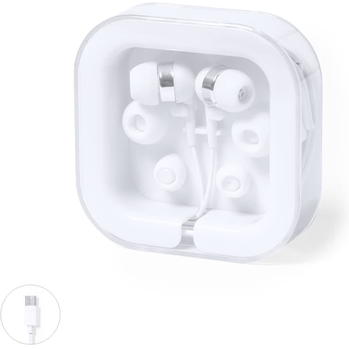 A pair of white earbuds in a transparent square case, featuring various ear tip sizes and a cable.