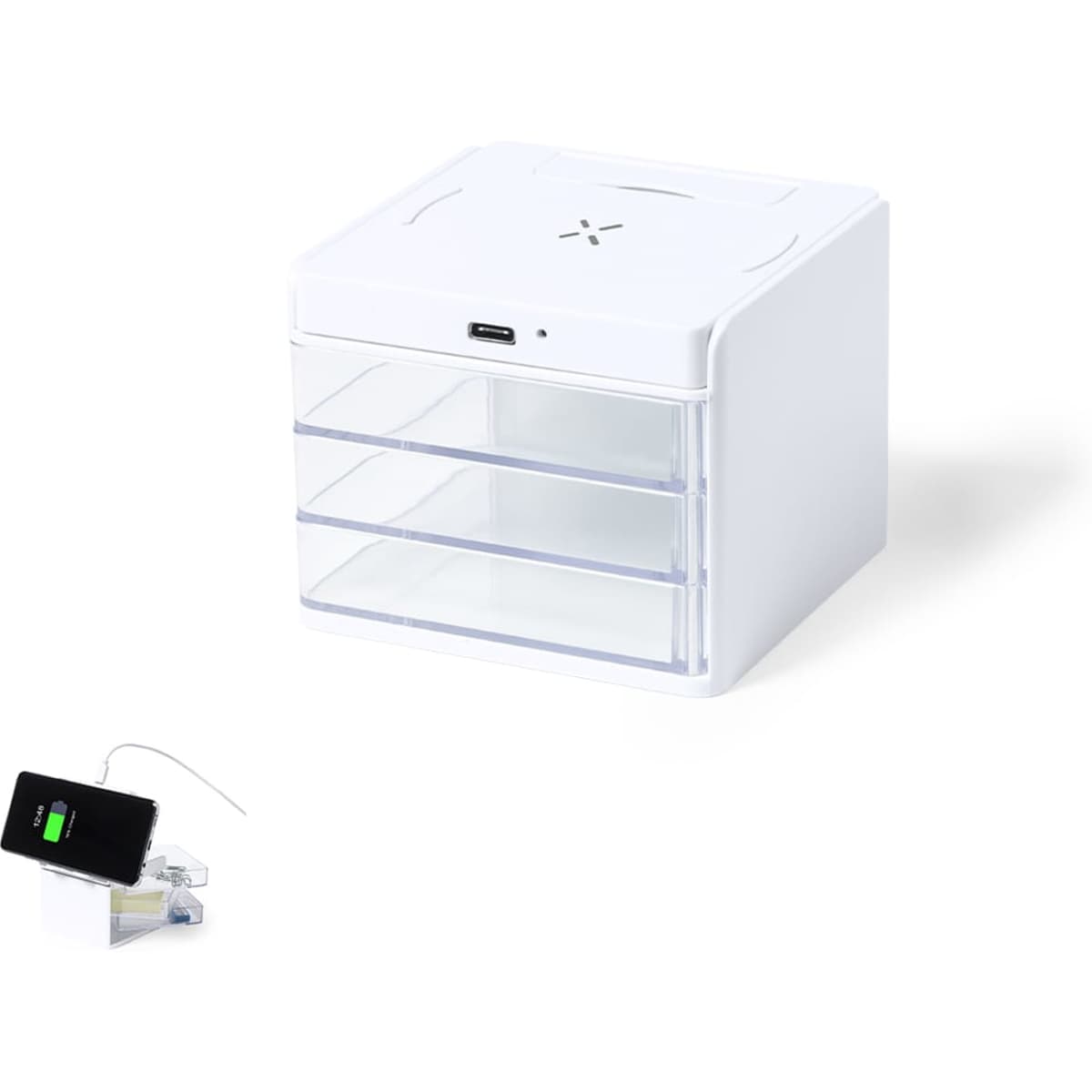 A wireless charger in white with three transparent drawers, featuring a USB port for connectivity.