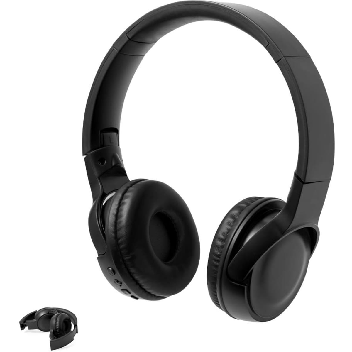 A pair of black headphones with a sleek design, featuring a folding mechanism for compact storage.