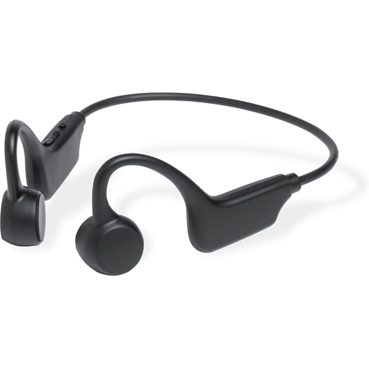 A pair of black headphones with a flexible band, designed for comfort and ease of use. The product has a logo.
