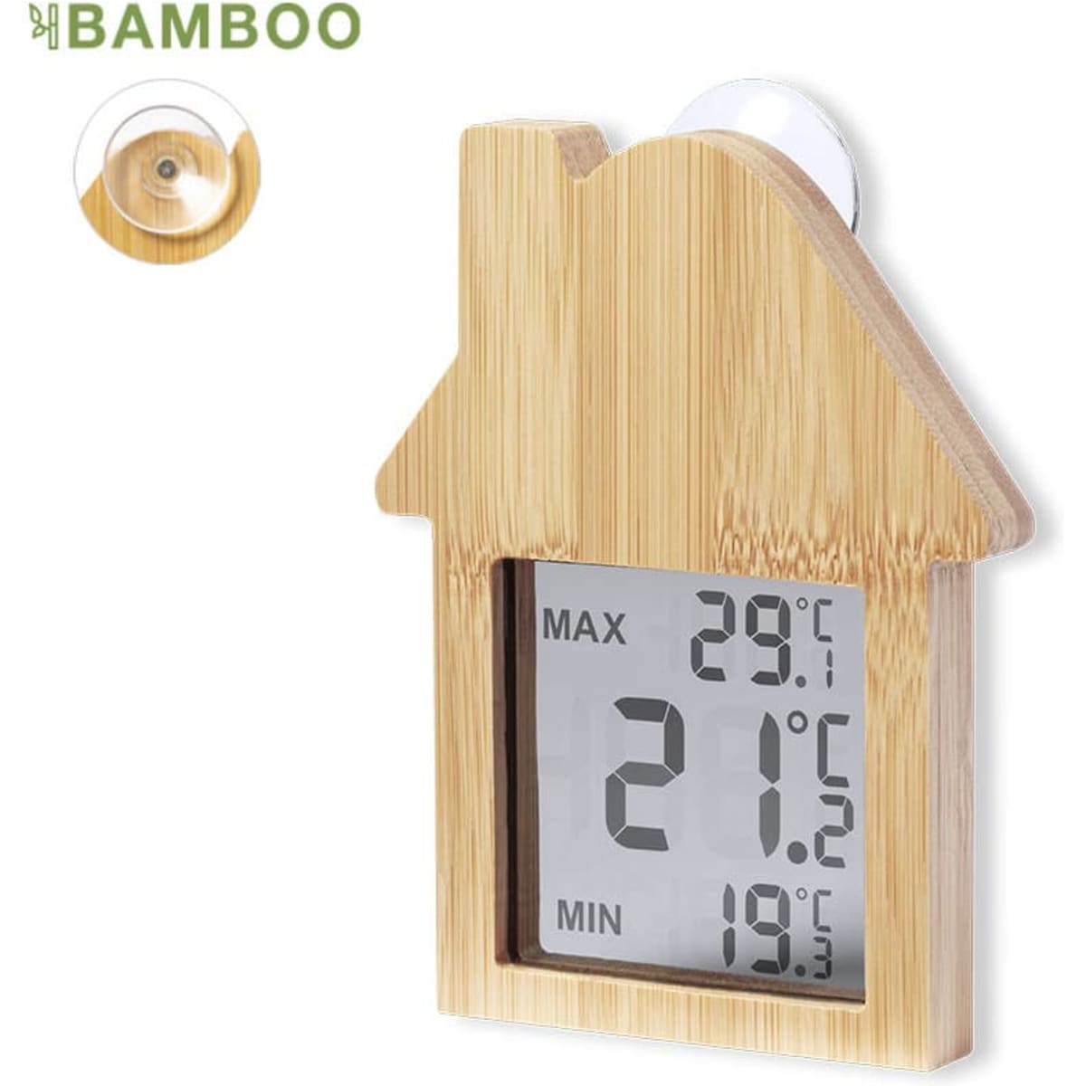A bamboo weather station shaped like a house, displaying temperature readings in a digital format.