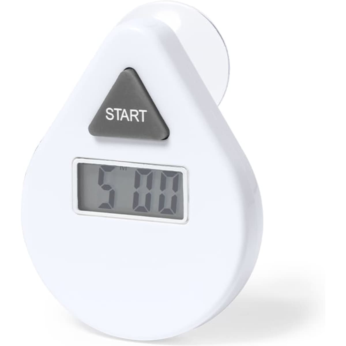 A white digital timer in a teardrop shape with a start button. It features a clear display showing time.