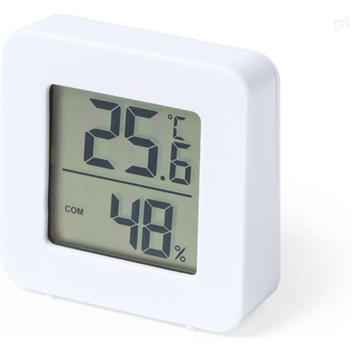 A white digital temperature and humidity monitor displaying 25.6°C and 48% humidity, with a simple square design.