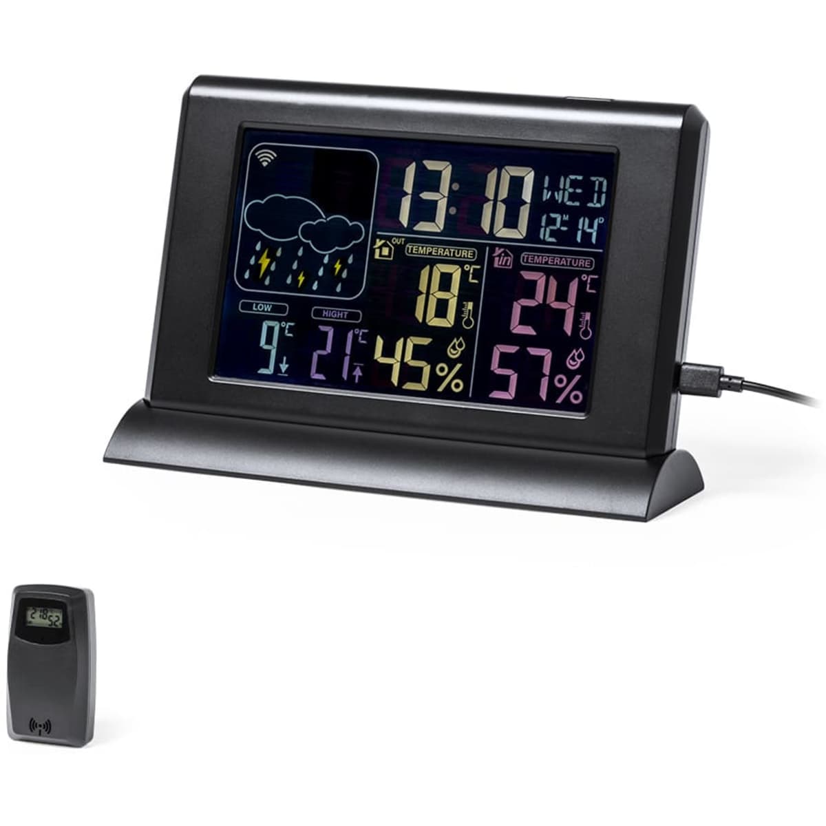 A digital weather station with a colourful display showing time, temperature, humidity, and weather icons, with a separate sensor unit.
