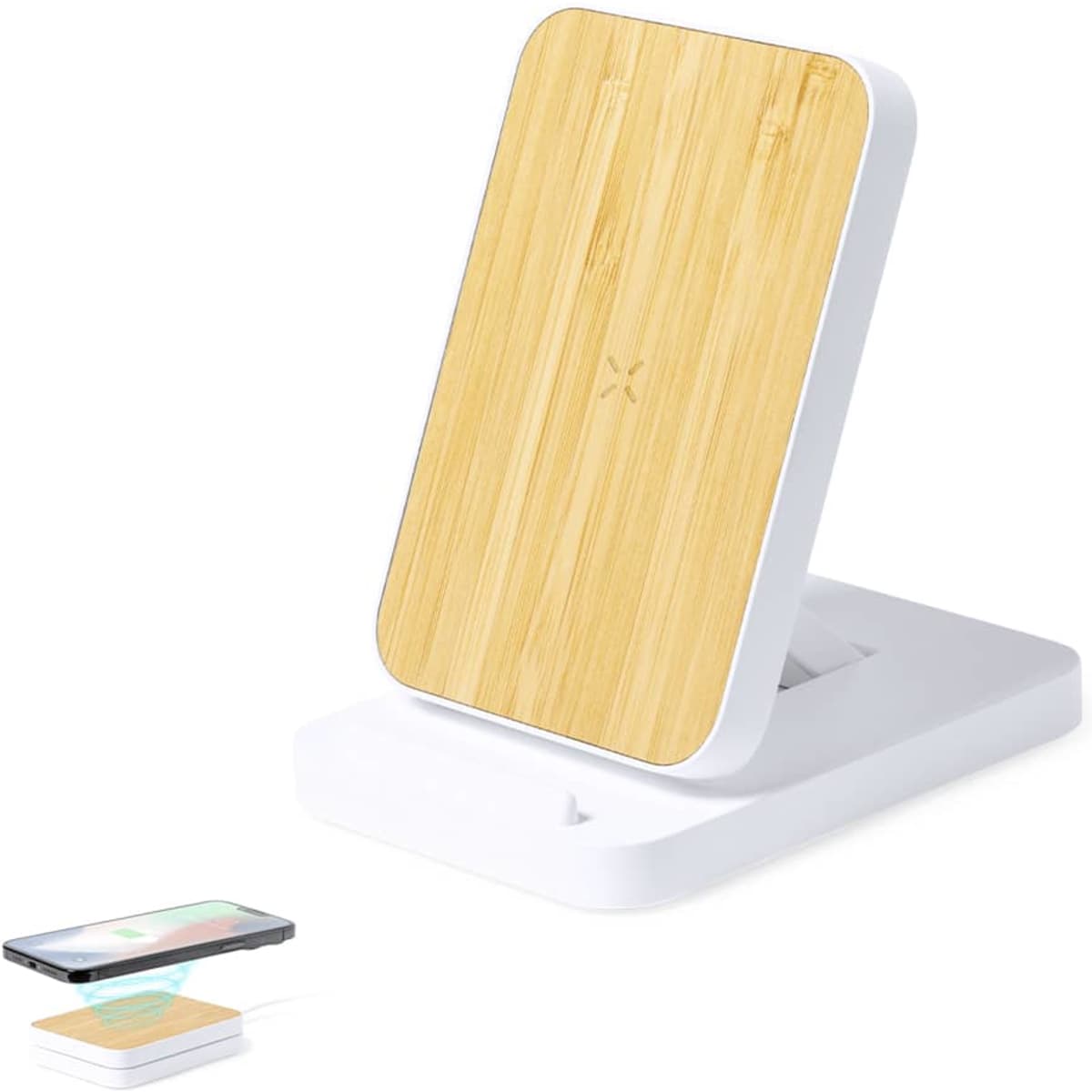 A wireless charger featuring a bamboo top and a white base, designed for charging mobile devices.