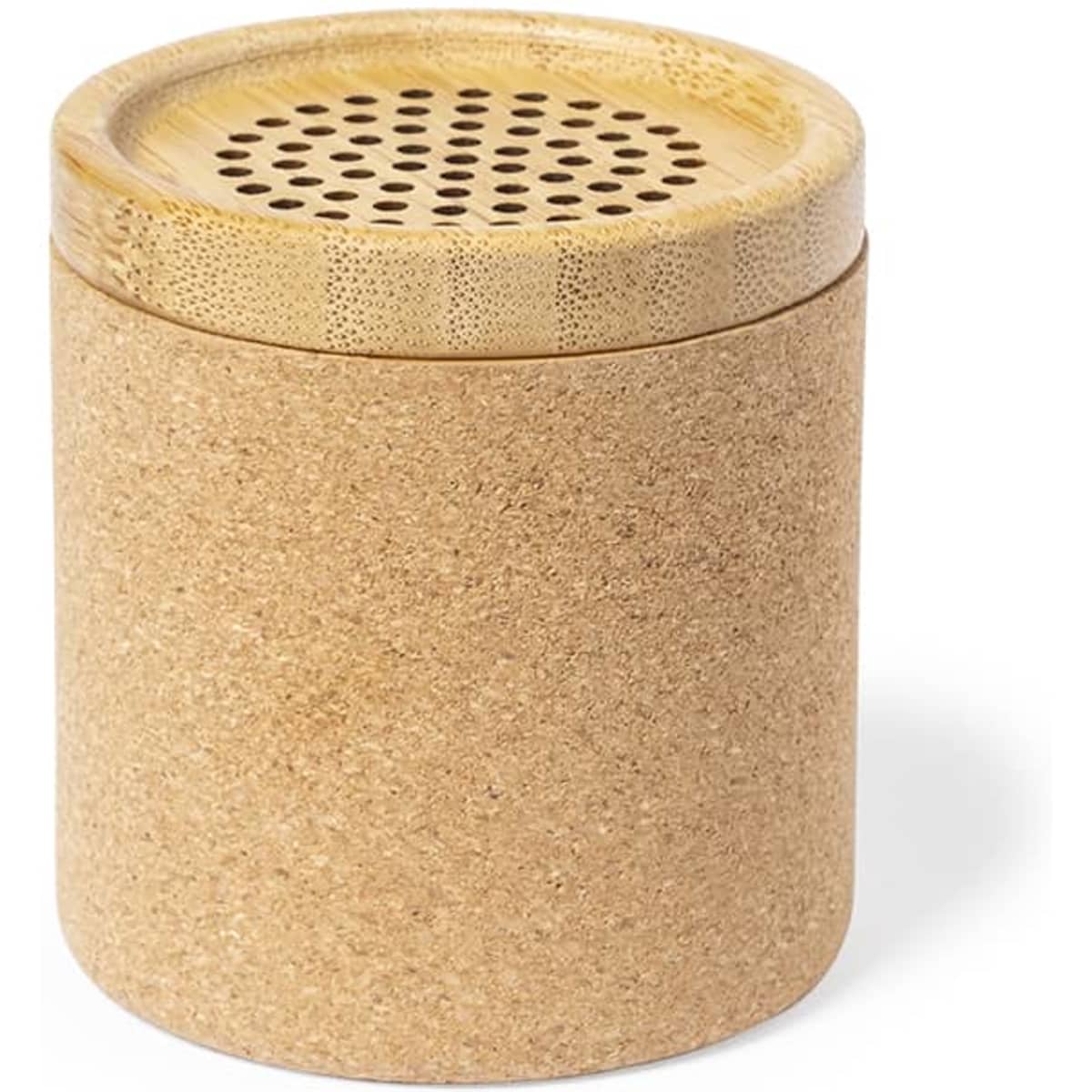A cylindrical Bluetooth speaker with a cork exterior and a bamboo lid featuring holes for sound projection.