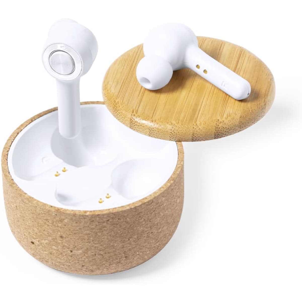 White earbuds resting in a round cork and bamboo charging case.