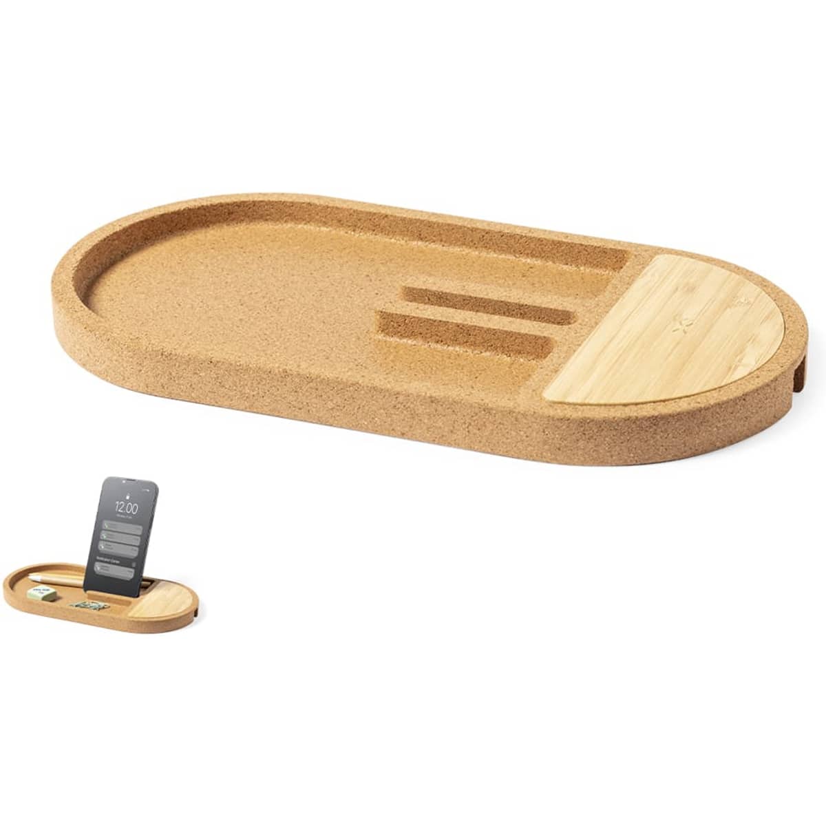 A wireless charger with a cork finish and wooden accent, featuring an oval design and slots for devices.