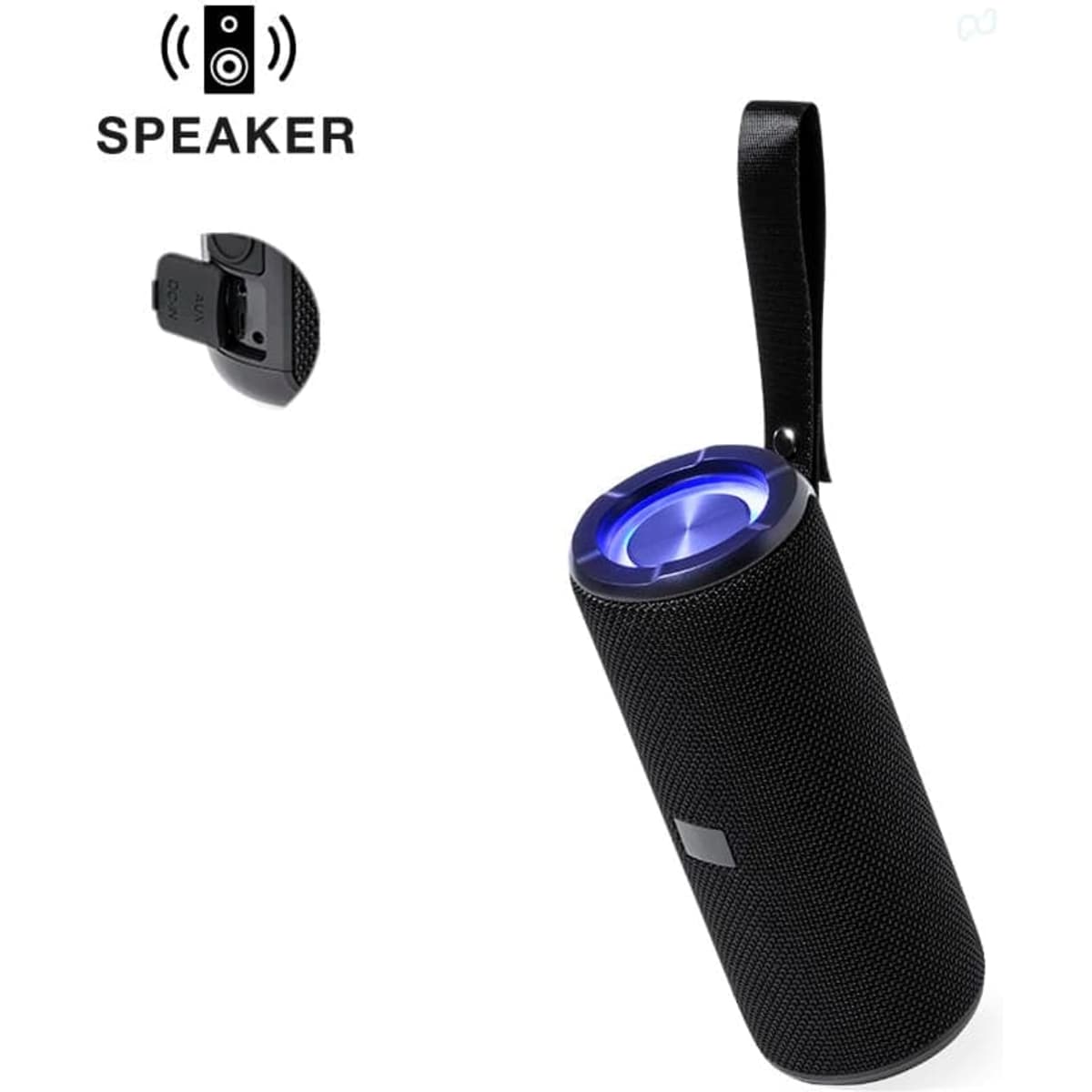 A cylindrical black speaker with a blue light ring and a carrying strap, featuring a logo.