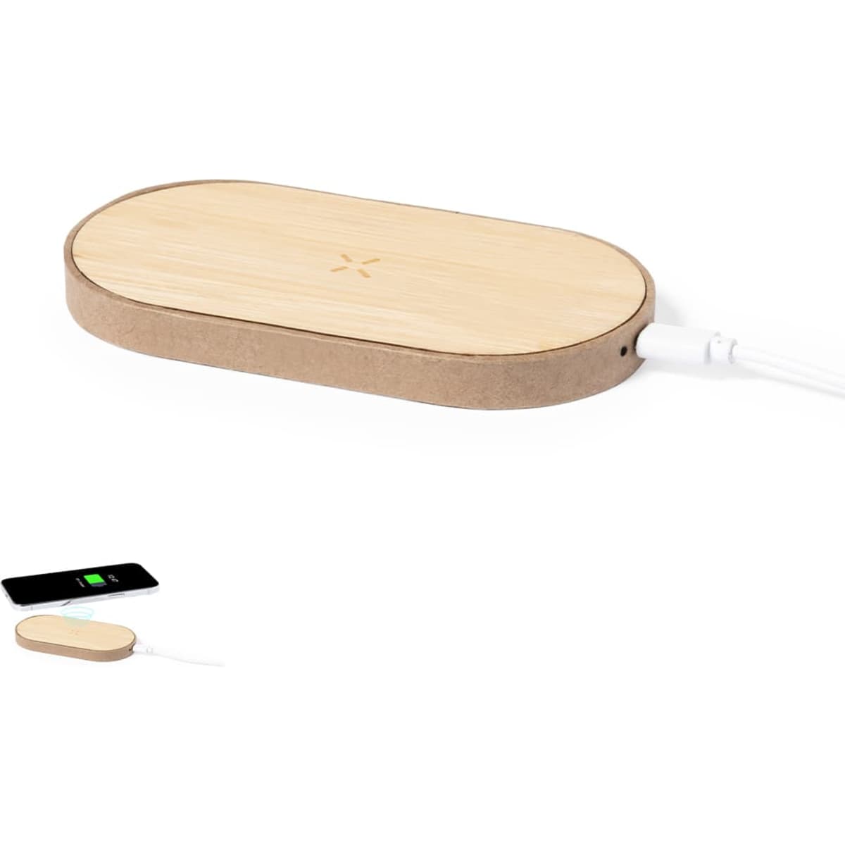 A wireless charger with a wooden finish and a smooth design, featuring a logo and a connected cable.
