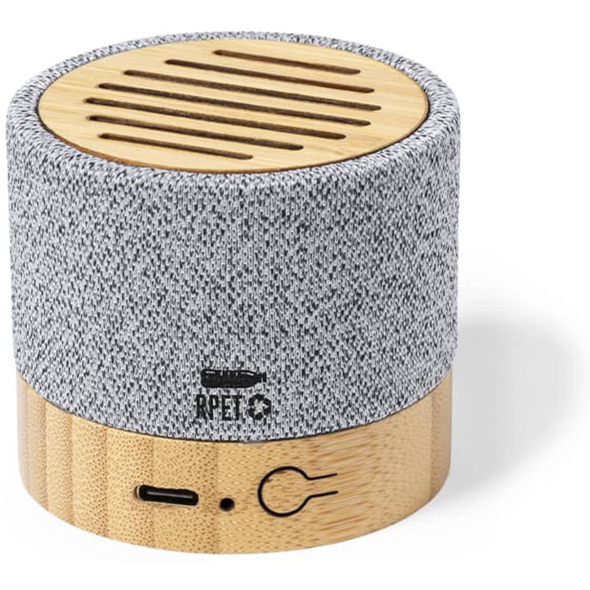A grey Bluetooth speaker with a bamboo base and a textured fabric covering, featuring a logo and control panel.