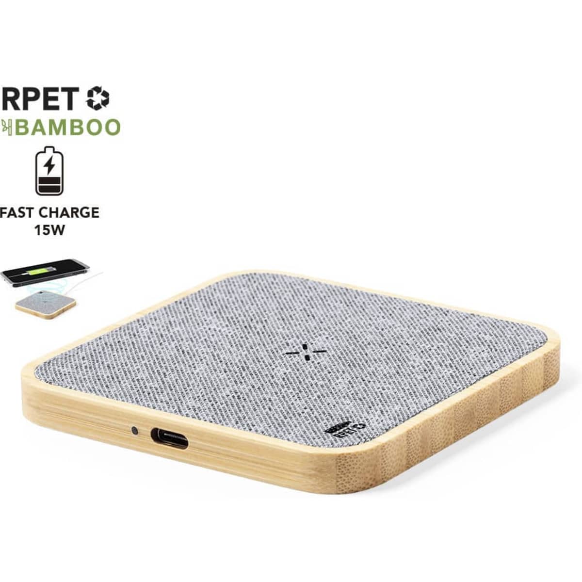A wireless charger with a bamboo base and a textured grey charging surface, featuring a logo.
