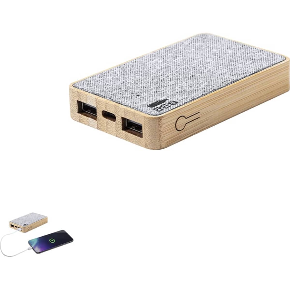 A power bank with a bamboo frame and grey fabric top, featuring two USB ports and a USB-C port.