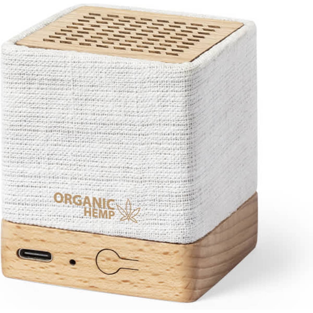 A cube-shaped Bluetooth speaker with a white fabric exterior and wooden base, featuring a logo and a USB-C port.