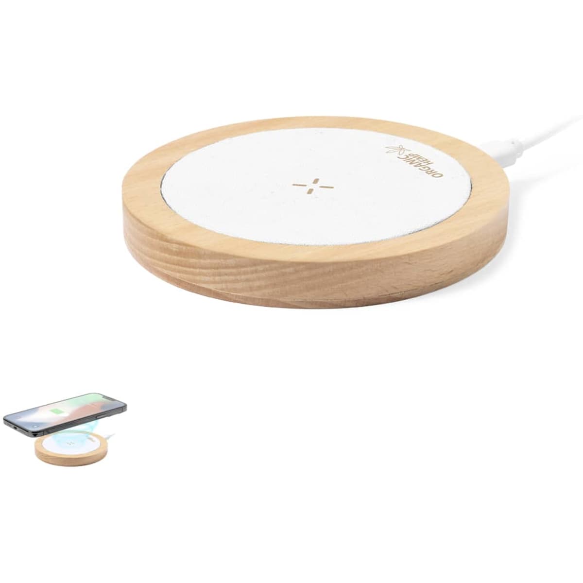 A wireless charger with a white circular charging pad and a wooden base, featuring a logo.