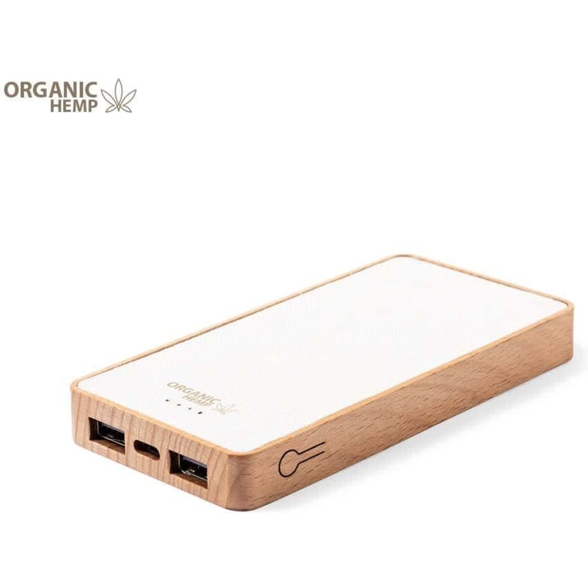A power bank with a white and wooden finish, featuring two USB ports and a logo.