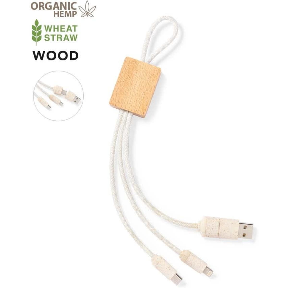 A charging cable in white with three connectors, featuring a wooden, rectangular holder. It has a logo and eco-friendly branding.