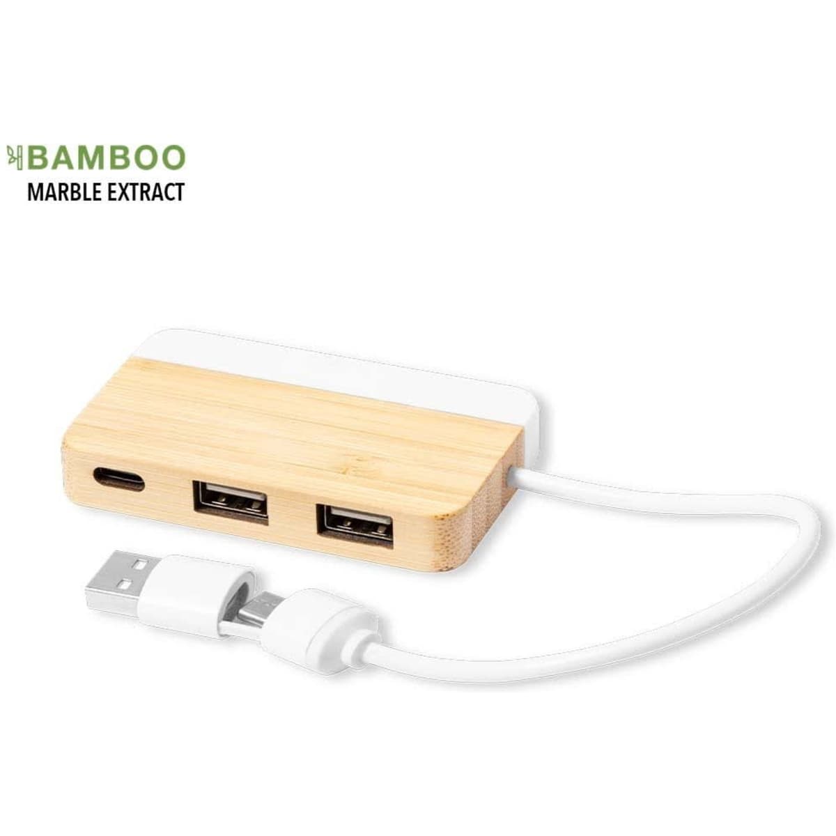 A USB hub with a bamboo and white finish, featuring two standard USB ports and one USB-C port.
