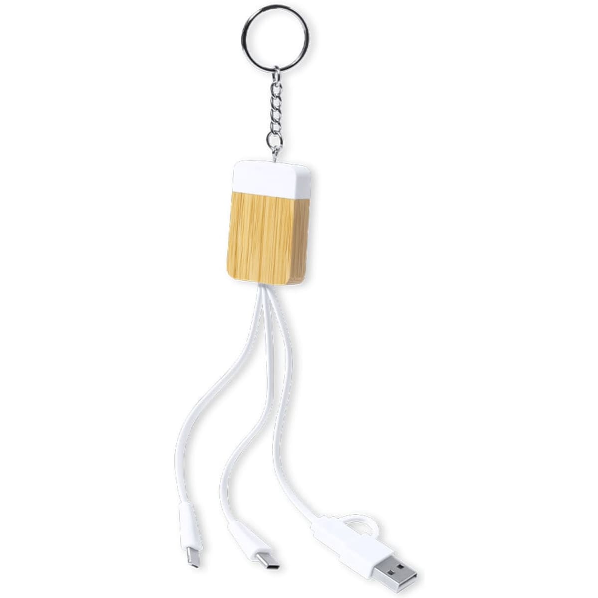 A keychain charging cable with a bamboo design featuring three connectors: USB, micro USB, and USB-C.