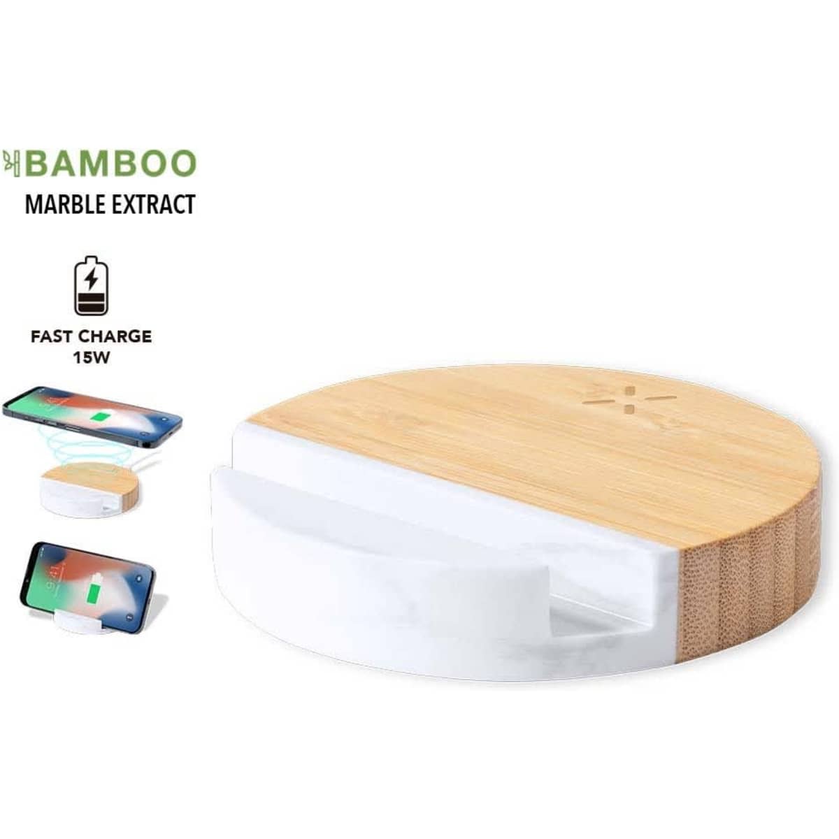 A round wireless charger holder with a bamboo finish and a white marble section, featuring a logo.