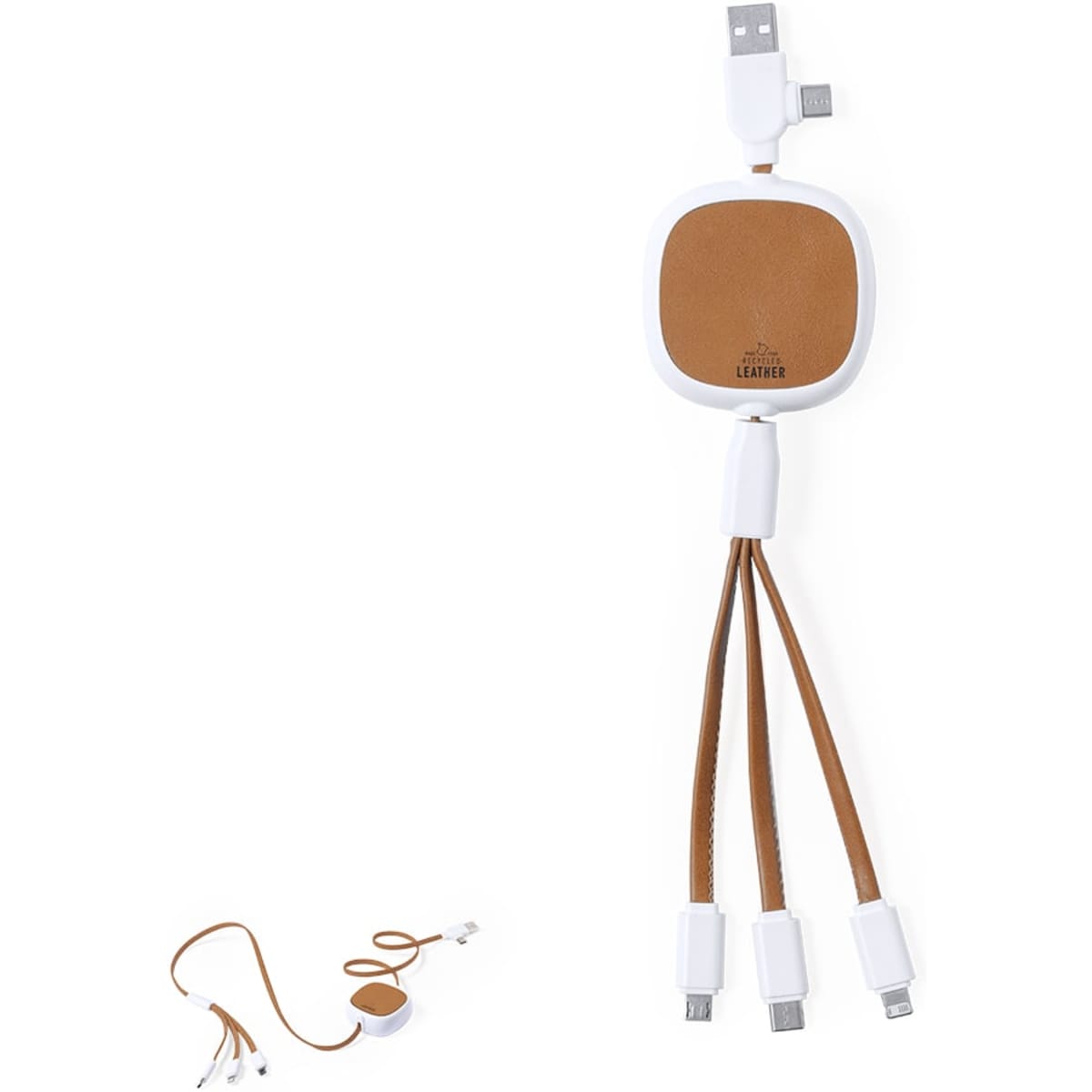 A charging cable set with a white and tan design, featuring multiple connectors and a branded logo.