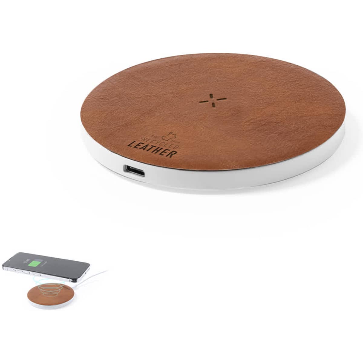 A wireless charger with a round design featuring a brown leather top and a white base, alongside a charging phone.