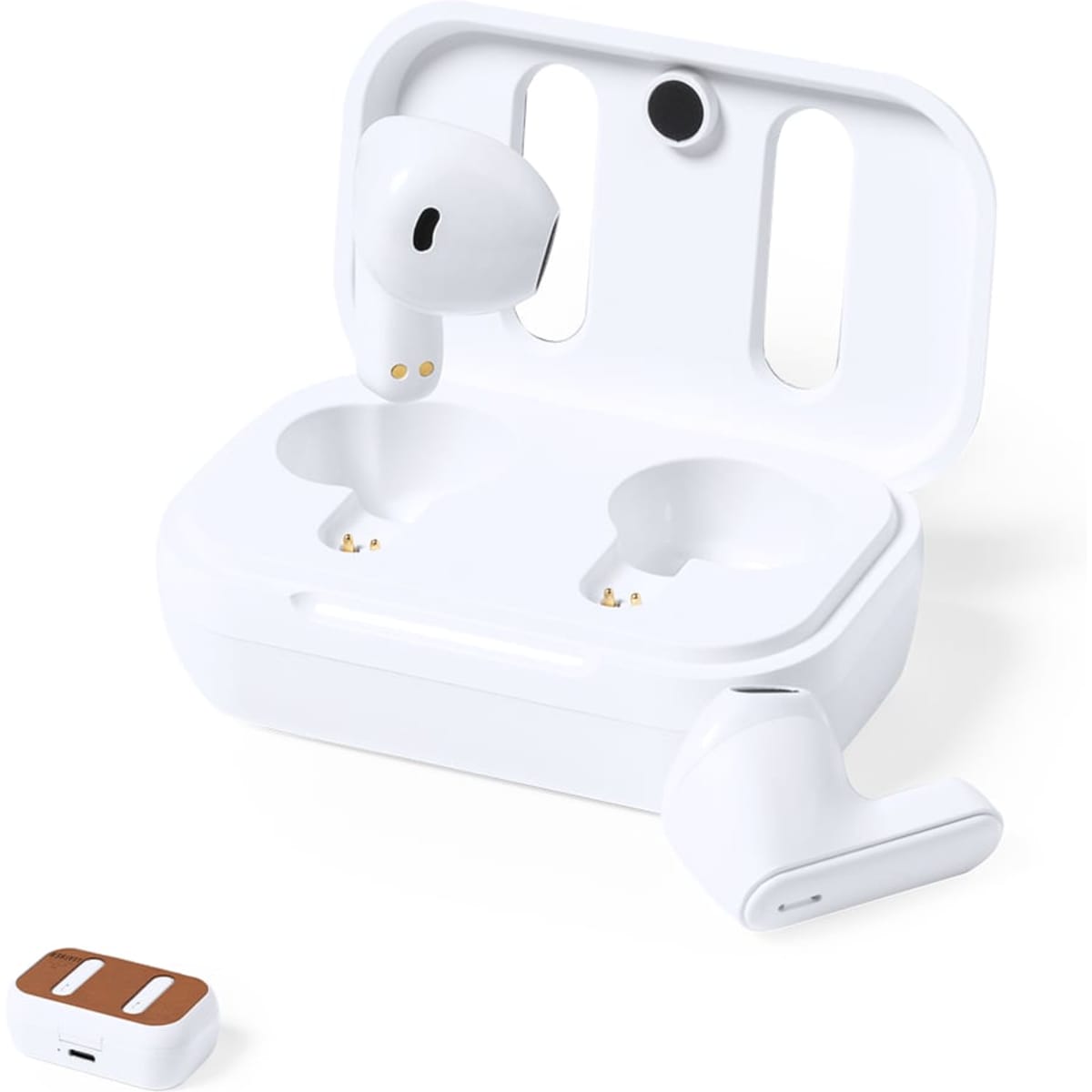 White earbuds in a charging case with an additional earbud outside the case. The design is sleek and modern.