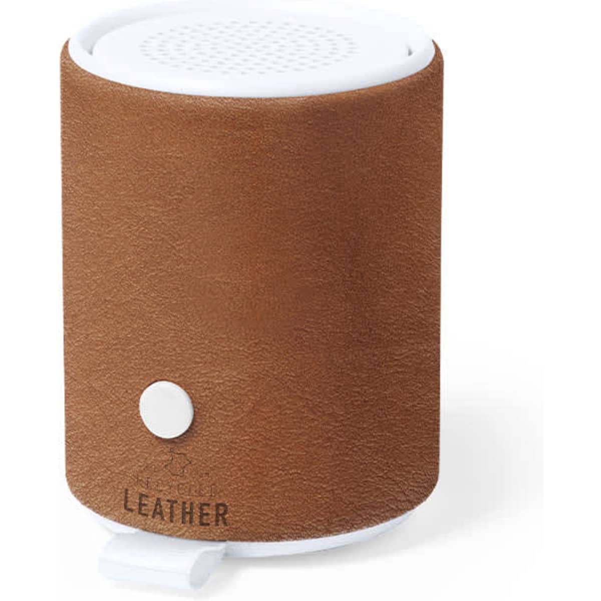 A brown leather Bluetooth speaker with a white top and a button on the front, featuring a sleek design.