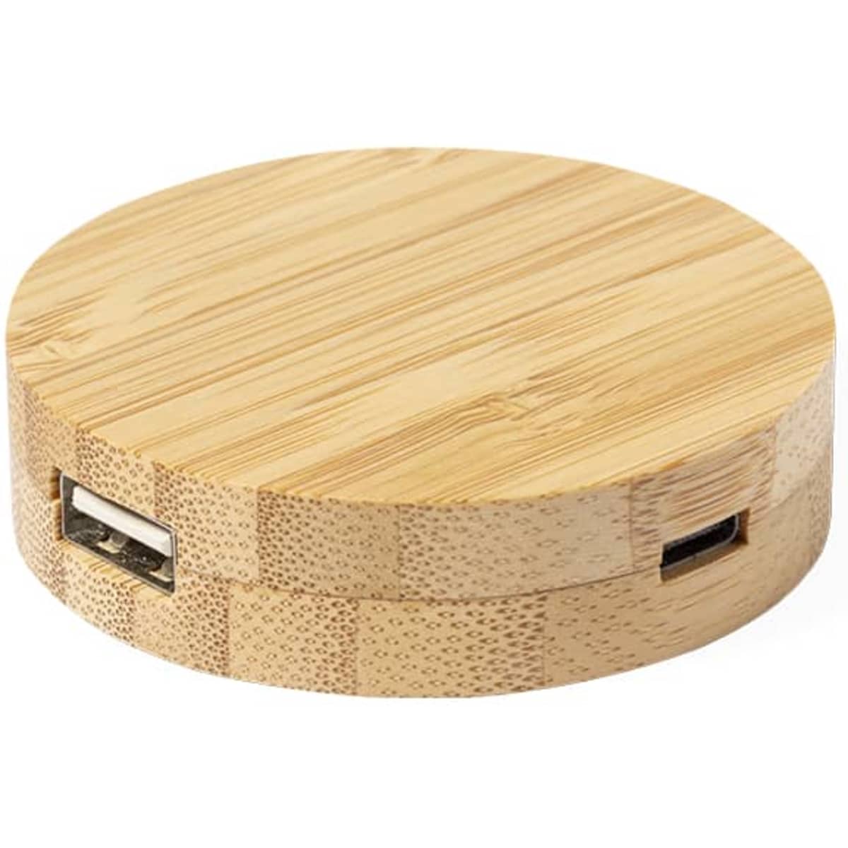 A circular bamboo USB hub with two USB ports and a natural wood finish. It features a simple design and a logo.