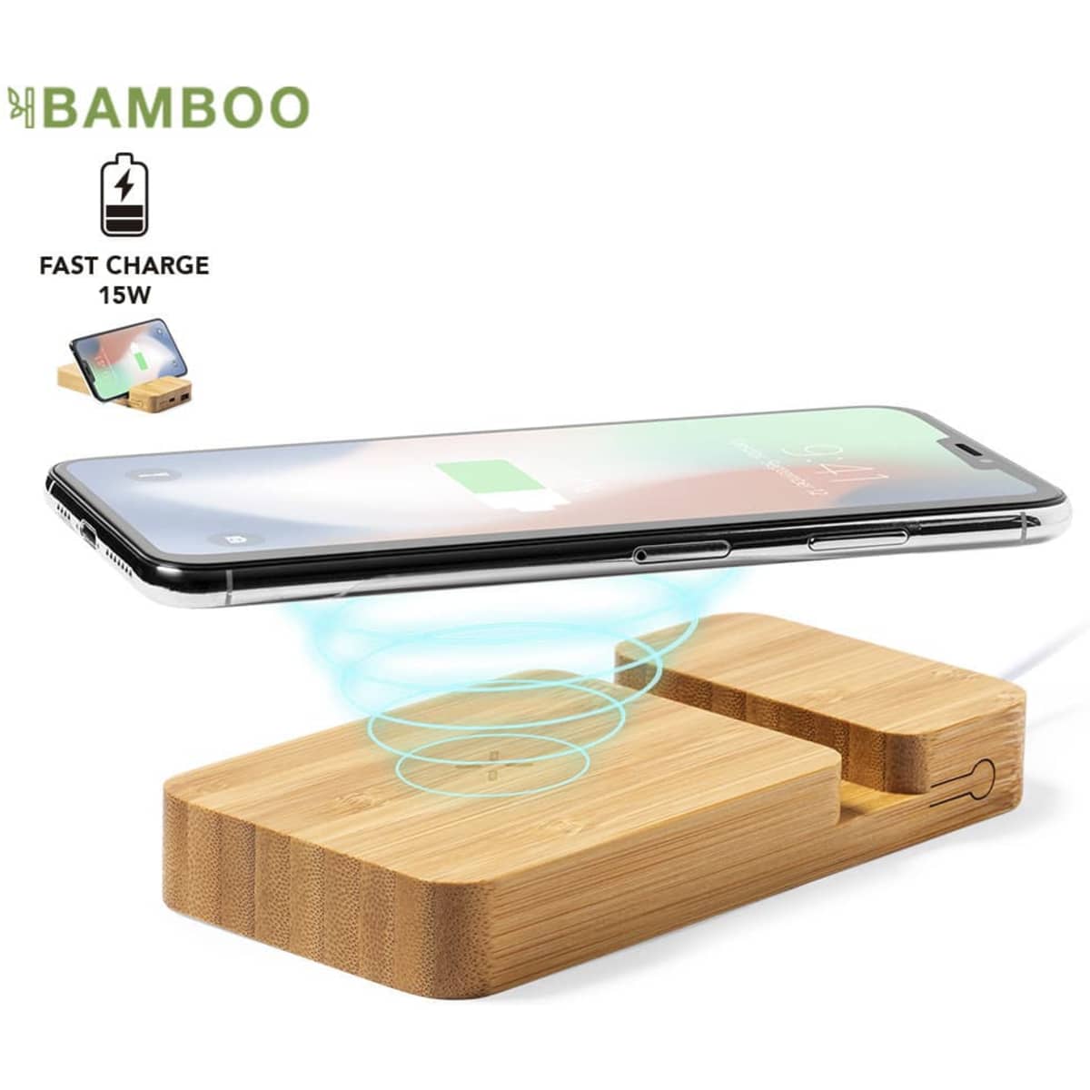 A bamboo wireless charger with a sleek design, featuring a phone above it, showcasing its fast charging capability.