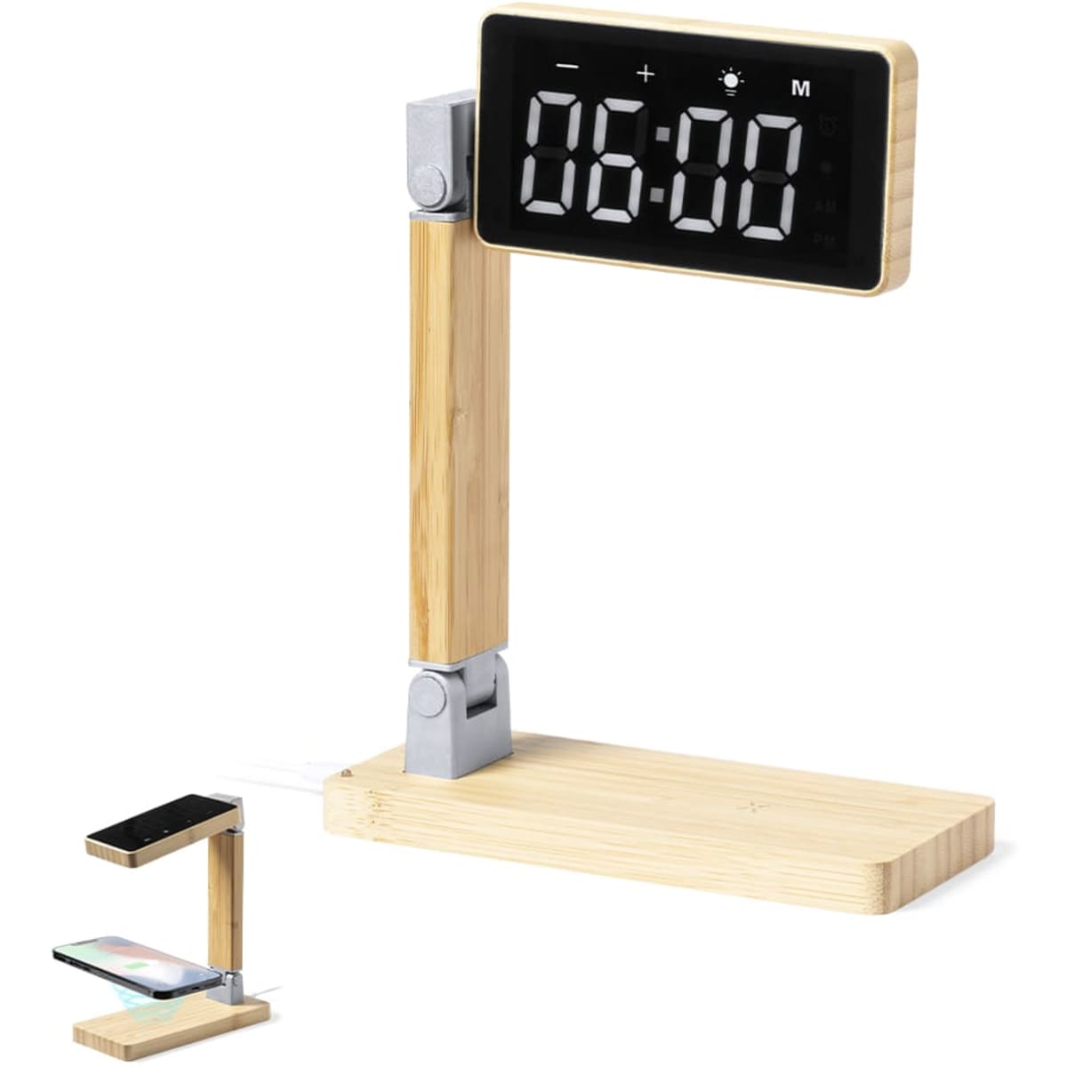A wooden wireless charger with a digital clock, featuring a sleek design and a dark display screen.
