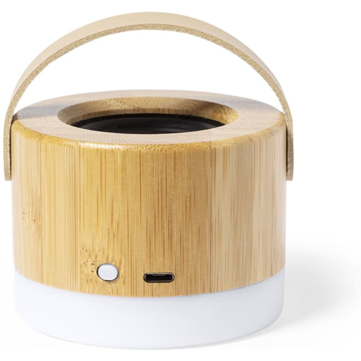 A wooden Bluetooth speaker with a cylindrical design, featuring a light base and a carrying handle.