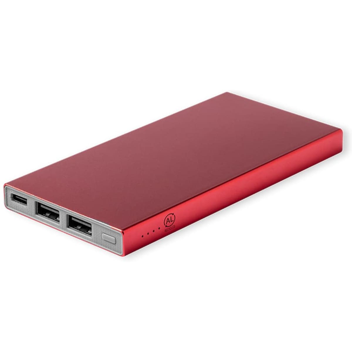 A red power bank with a sleek design, featuring multiple USB ports and a logo on the surface.