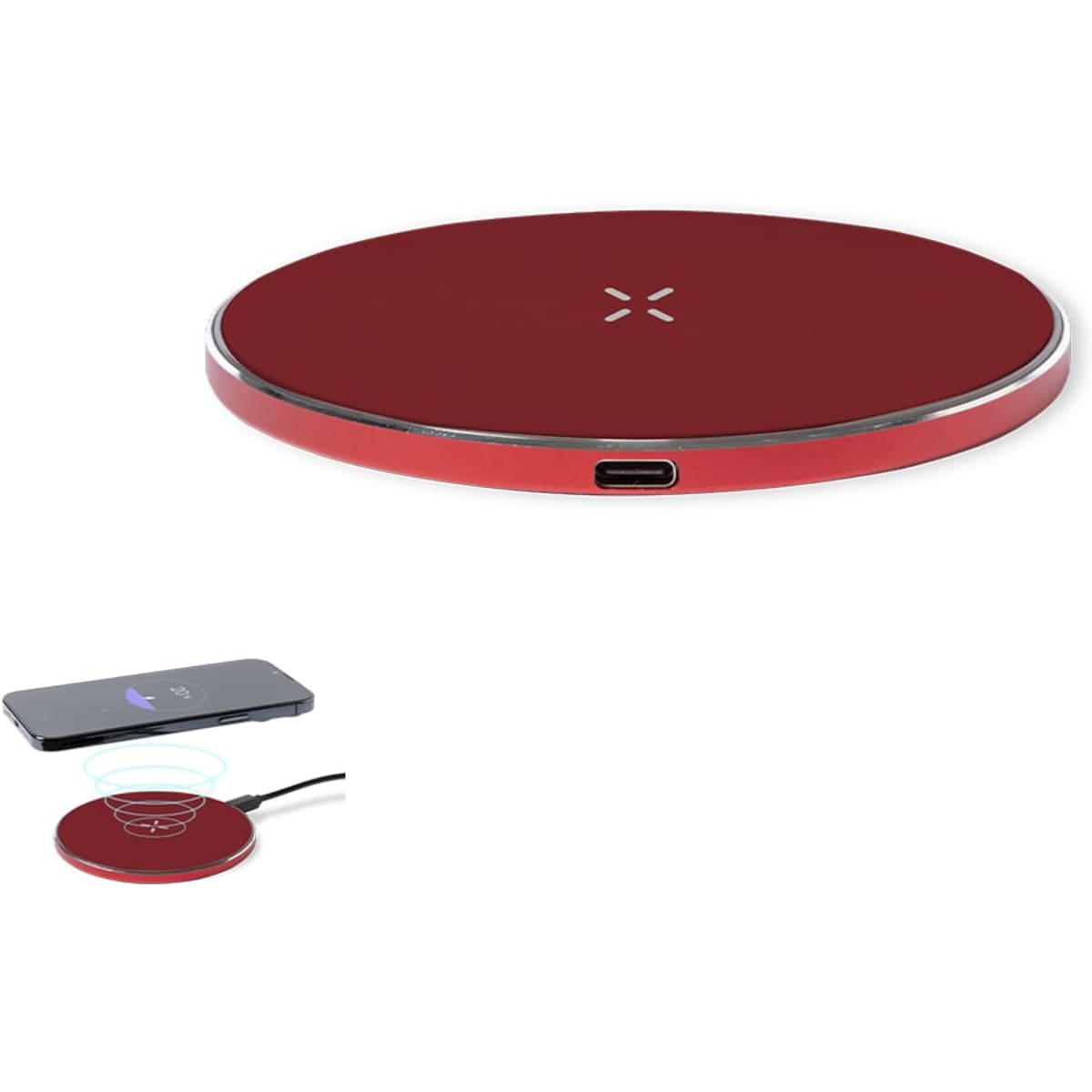 A round red wireless charger with a glossy finish and a USB-C port. It features a logo on the surface.