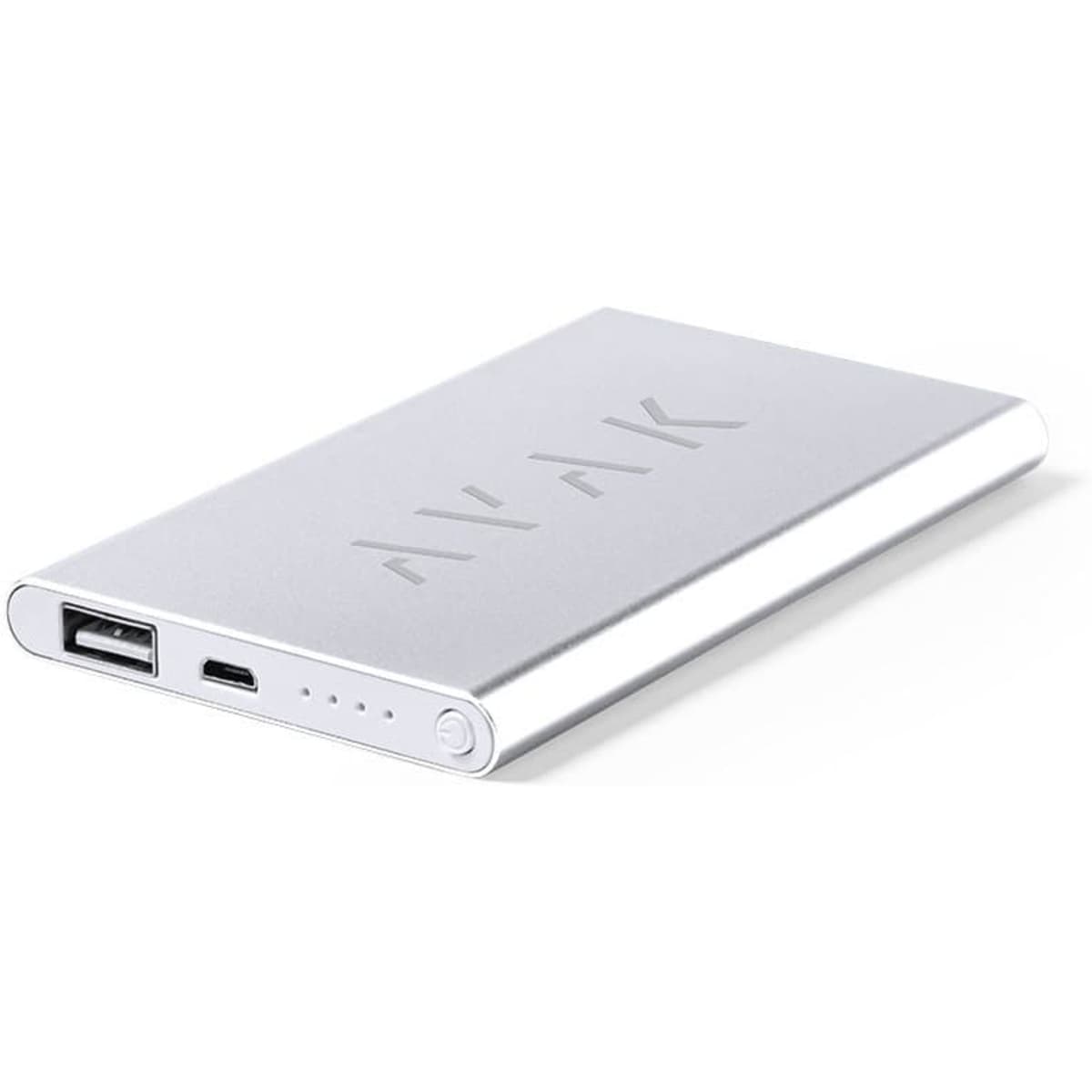 A silver power bank with a USB port, a USB-C port, and LED indicators for battery level, featuring a logo.