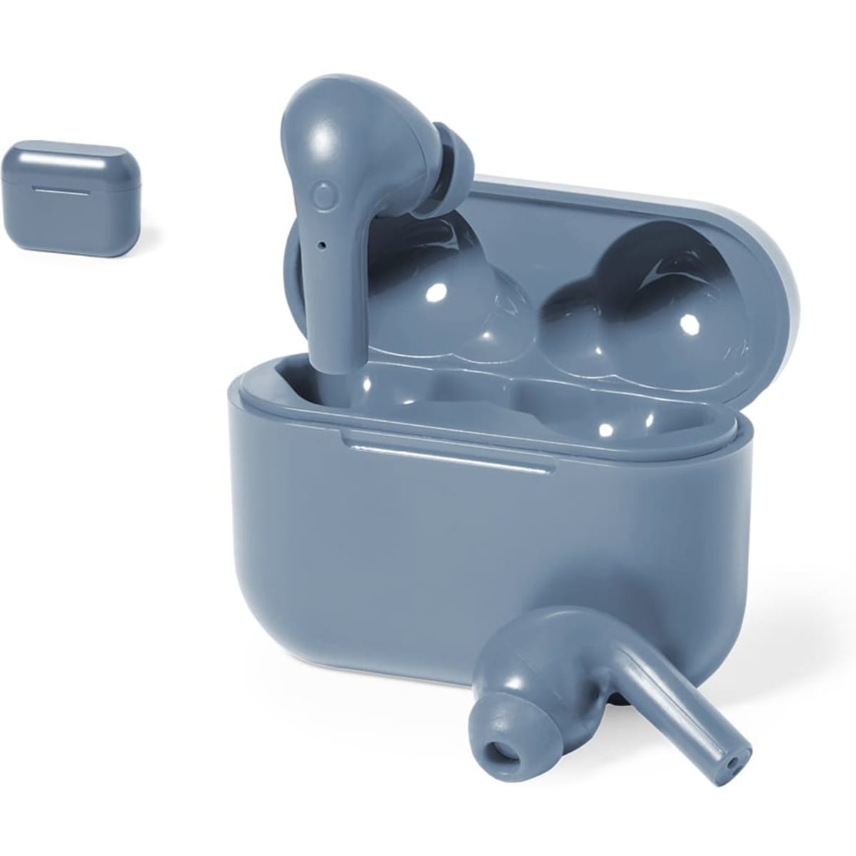 A set of blue Prucky earphones with a matching charging case, open to display the earbuds inside.