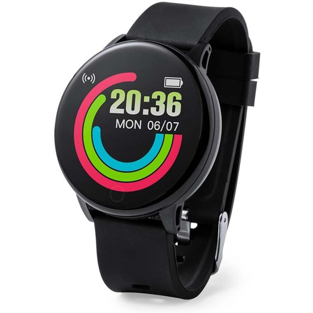 A black smart watch with a round display featuring colourful graphics and a modern design.