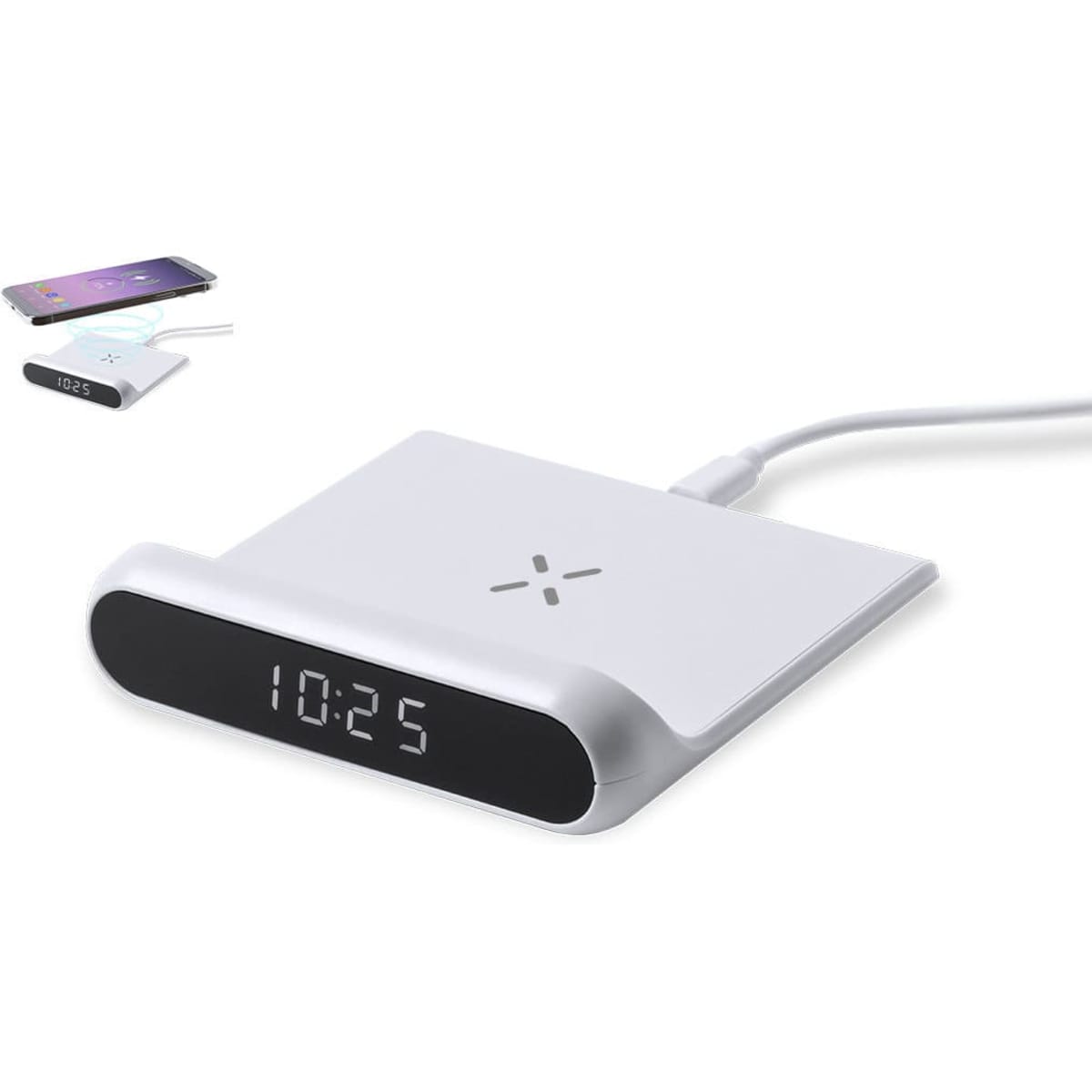 A white multifunction alarm clock with a wireless charging pad and digital display for time. Features a logo.