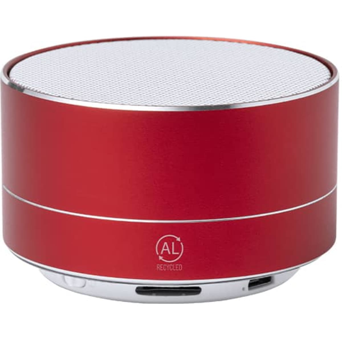 A red Bluetooth speaker with a circular design, featuring a metal grill on top and a branding logo.