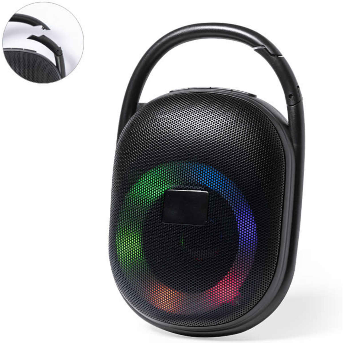 A black portable speaker with a circular colourful light display and a handle for easy carrying.