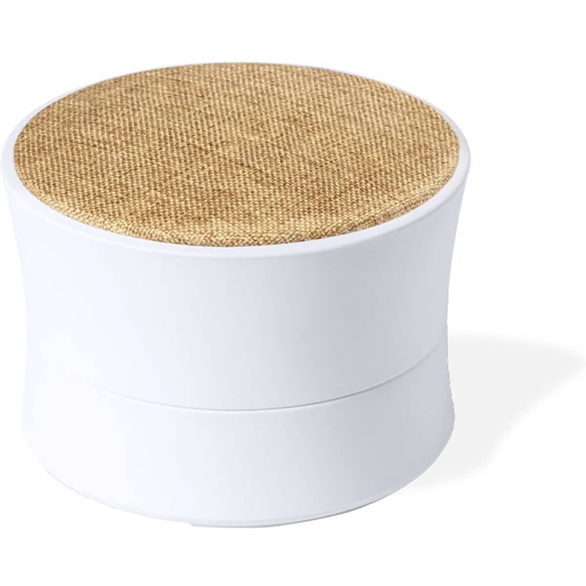 A round Bluetooth speaker in white with a textured tan top. The speaker has a sleek, modern design and features a brand logo.