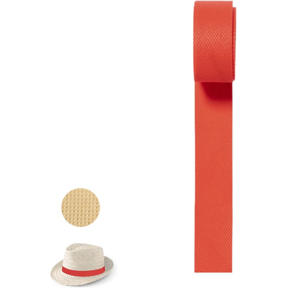 A roll of bright orange ribbon next to a beige straw hat with a red band. The ribbon has a textured finish.