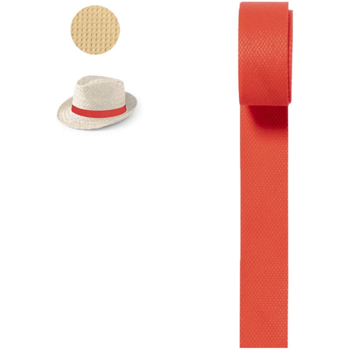 A red ribbon designed for the Sprint Hatband, displayed next to a straw hat with a matching ribbon.