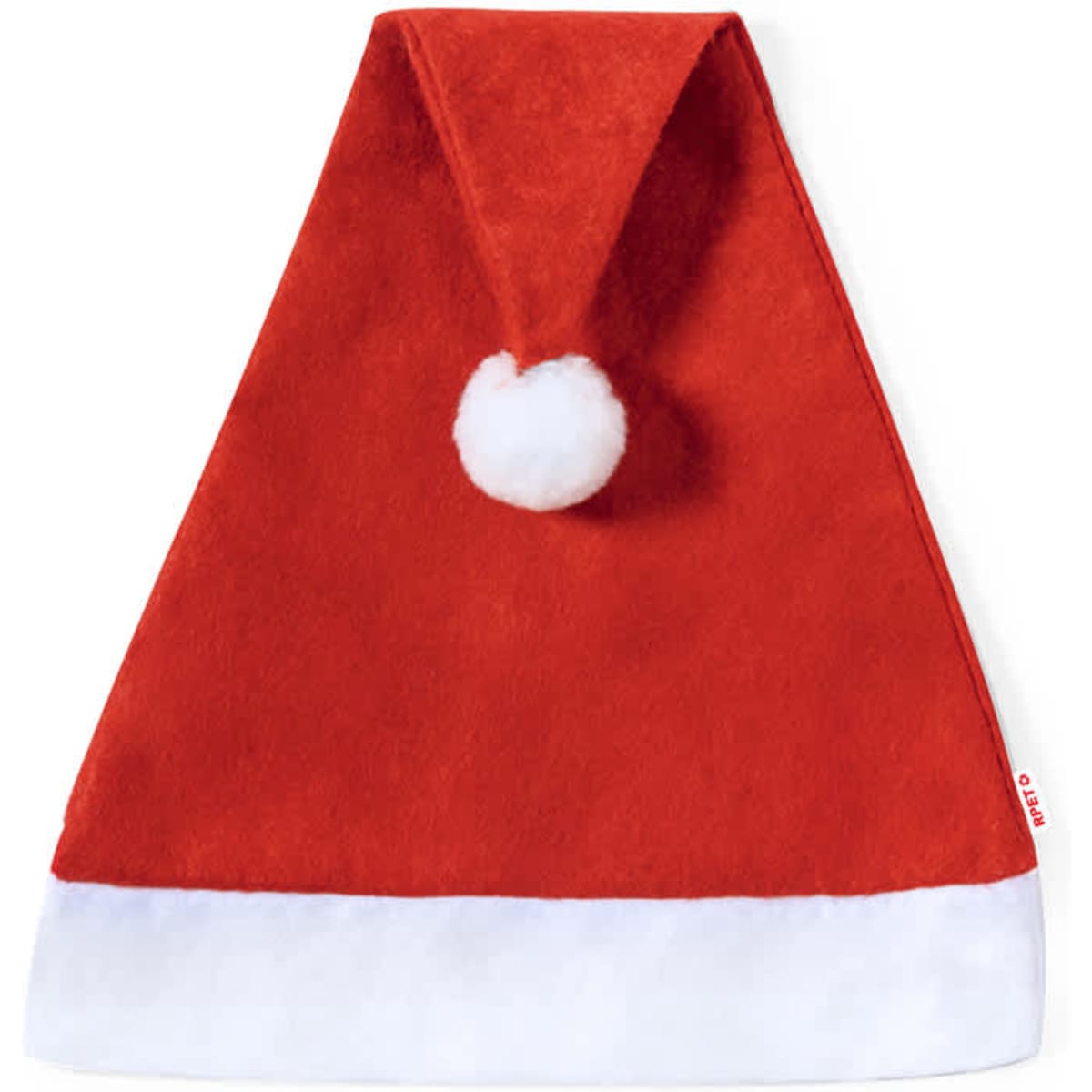 A red Santa hat made of soft fabric, featuring a white brim and a fluffy white pom-pom on top.