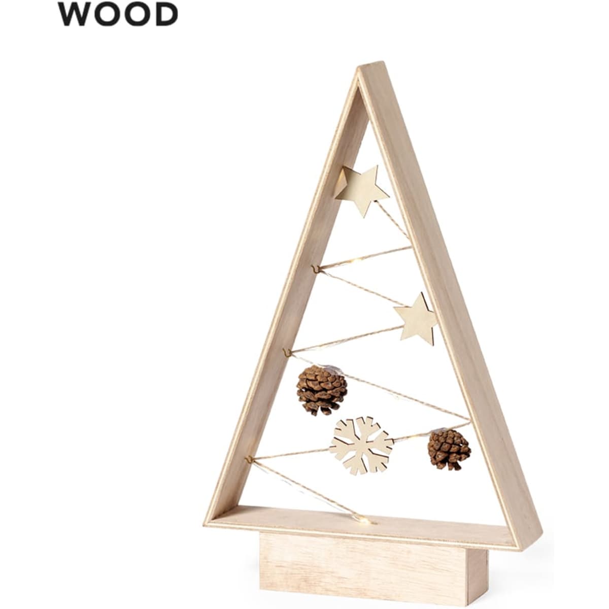 A wooden Christmas tree decoration in natural tones, featuring stars and pinecones on a wire frame.